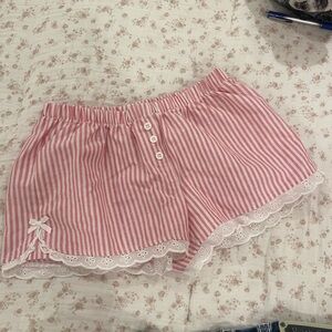 Pink and White Striped Lace Trim Shorts